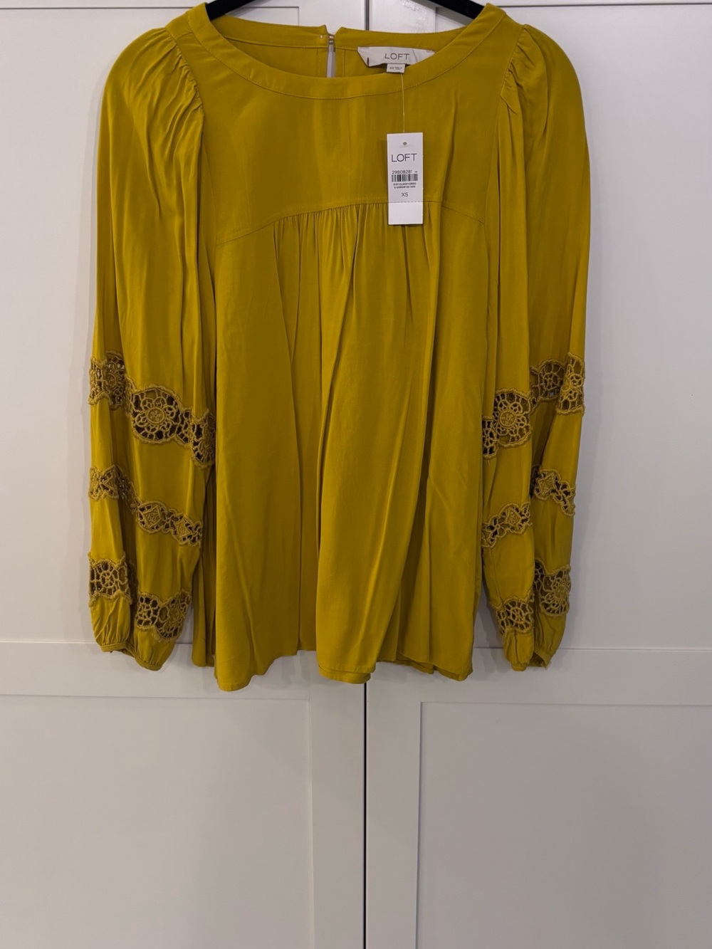 NWT LOFT Mustard Crochet-Trim Peasant Top
